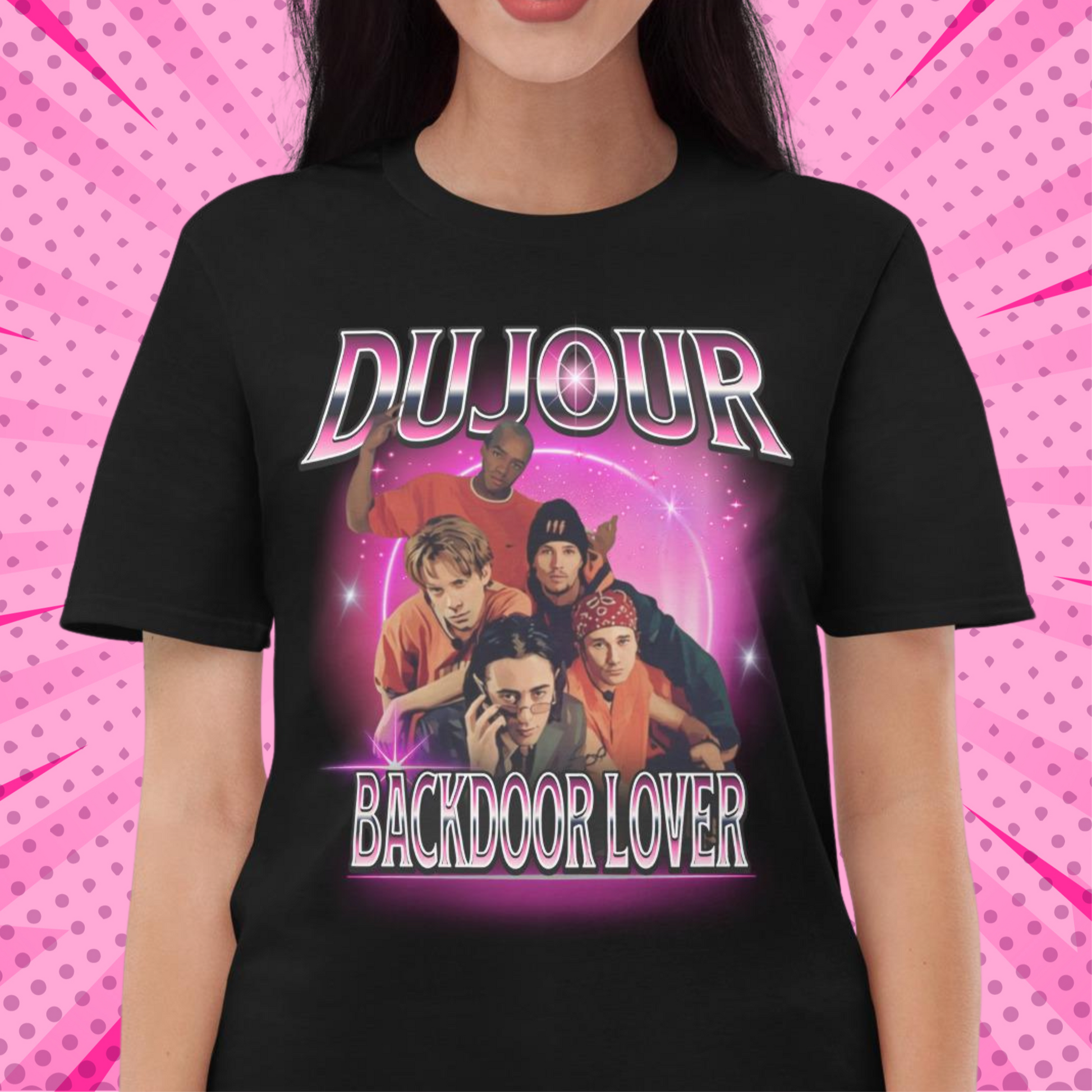 DuJour boy band parody shirt featuring a retro-style graphic of fictional band members and the phrase “Backdoor Lover” in bold pink and white text, inspired by Josie and the Pussycats.