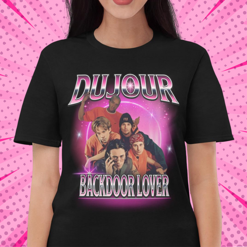 DuJour boy band parody shirt featuring a retro-style graphic of fictional band members and the phrase “Backdoor Lover” in bold pink and white text, inspired by Josie and the Pussycats.