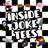 InsideJokeTees logo with bold white text on a black-and-white checkerboard background, surrounded by quirky pop culture icons including chattering teeth, spiral sunglasses, a brain with legs, Ghostface mask, lava lamp, 'Ignore' button, vinyl record, and a retro TV with a rainbow screen.
