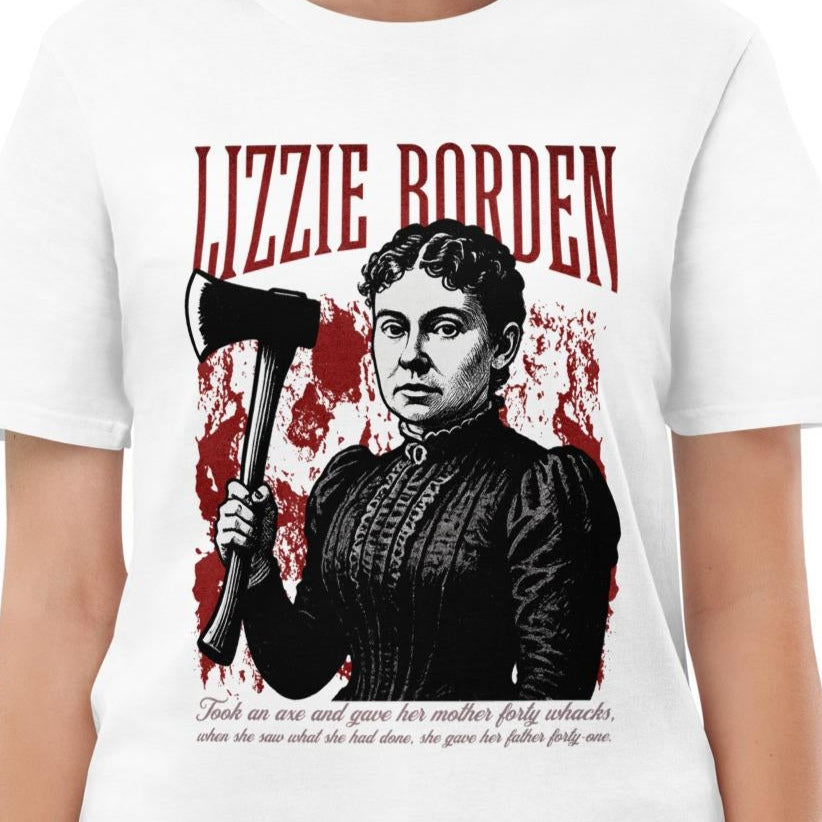 Lizzie Borden true crime shirt featuring a haunting portrait with the infamous axe rhyme. Gothic horror graphic tee for spooky season, murder mystery fans, and lovers of eerie history. Soft cotton t-shirt with durable print, perfect for Halloween parties, horror conventions, and everyday alternative streetwear.
